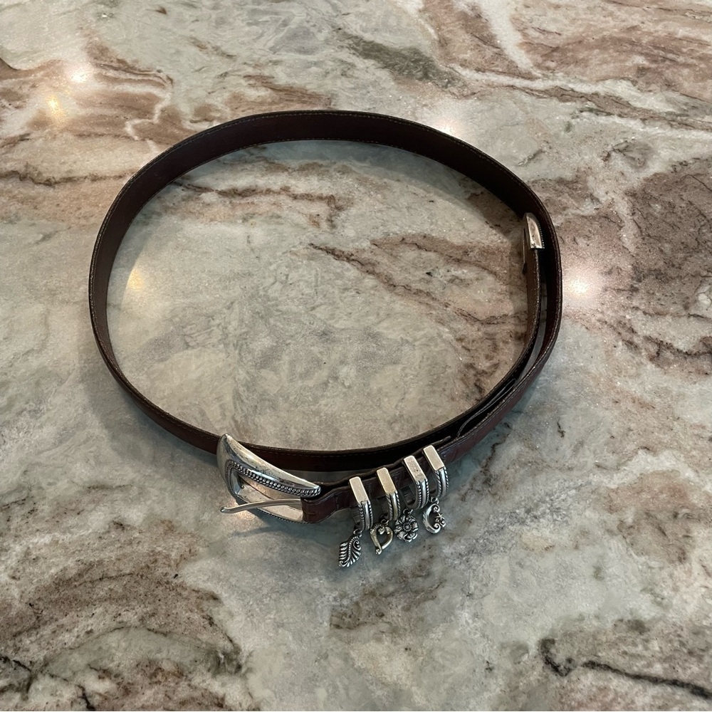 Brighton Brown Leather Charm Belt M/L 32 Silver hardware